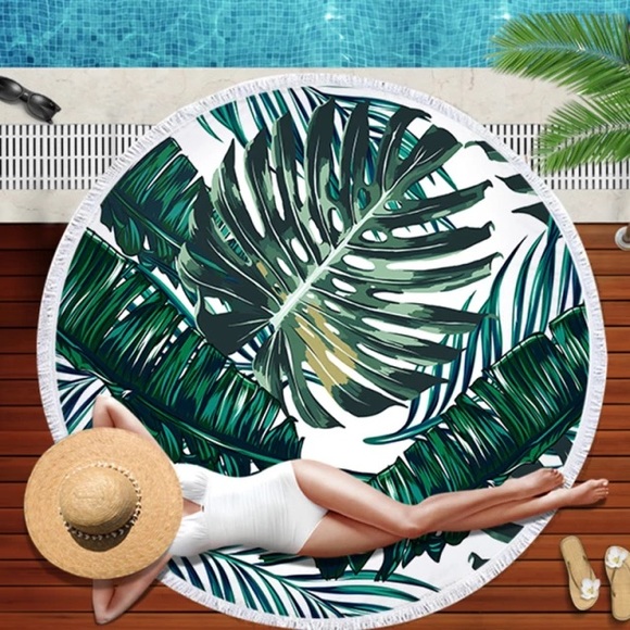 Tropical Leaf Print Large Round Beach Towel Cover Up - Picture 5 of 6